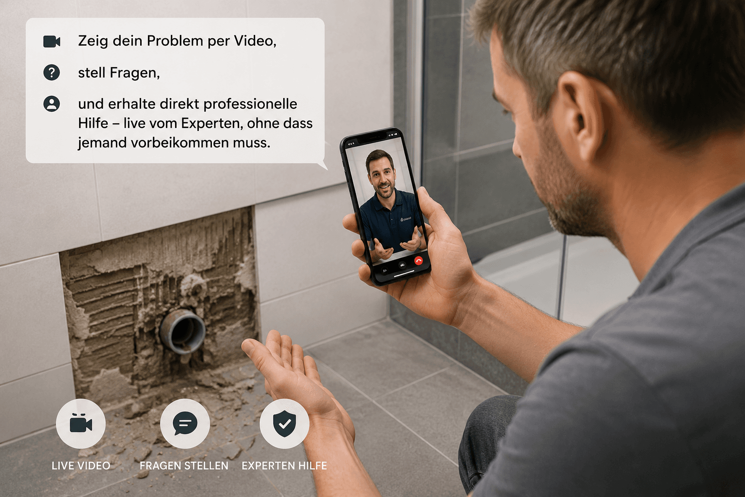 Handwerker im Videocall mit Kundin — sie zeigt ihr Problem per Smartphone-Kamera, er berät live