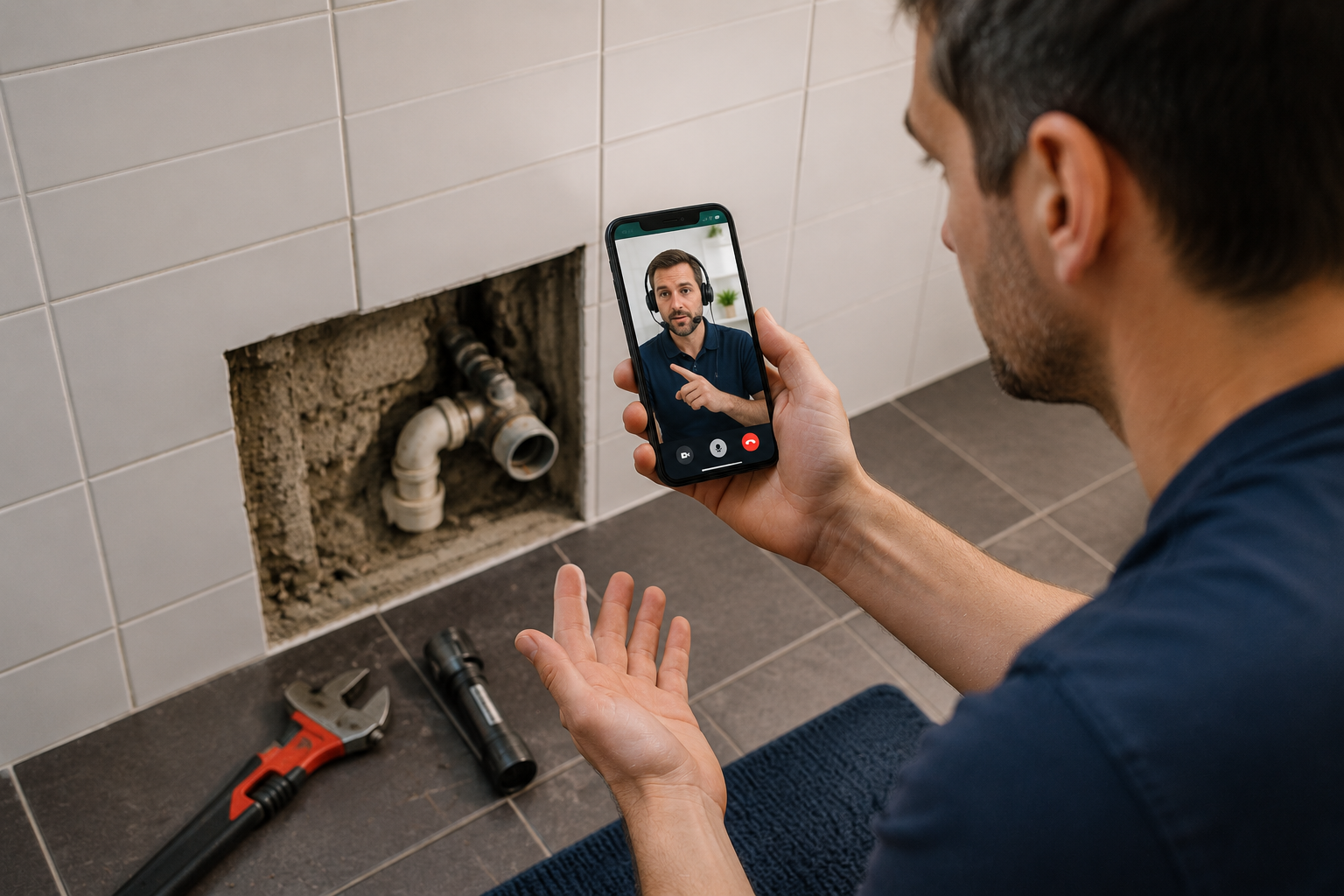 Handwerker im laufenden Videocall mit Kundin, er berät live per Video